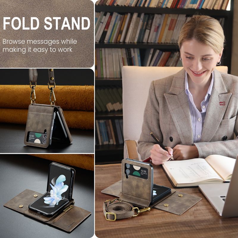 Custodia per telefono con cerniera a tracolla serie M5 per Samsung Z Flip4 Custodia per carte a tre ante Z Flip3_voghion.com