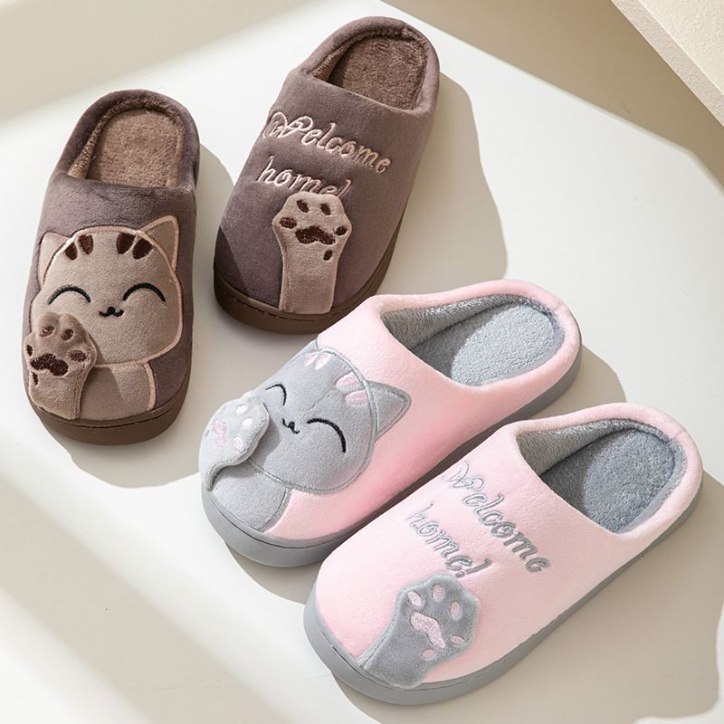 Comode pantofole in cotone felpato per uomo e donna, pantofole da casa antiscivolo con grazioso design a forma di gatto portafortuna, calde e confortevoli per inverno, autunno e primavera._voghion.com