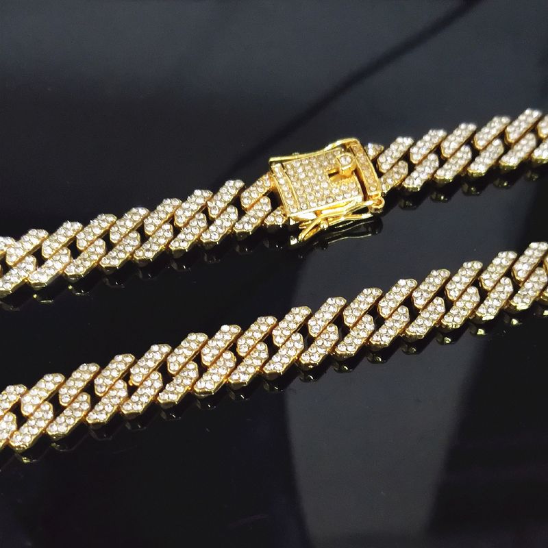 Bracciale a catena cubana con maglie cubane a griffe, stile hip hop, da uomo e da donna, con 2 file di strass, da 13 mm, ghiacciato, con pavé di Miami e rombi._voghion.com