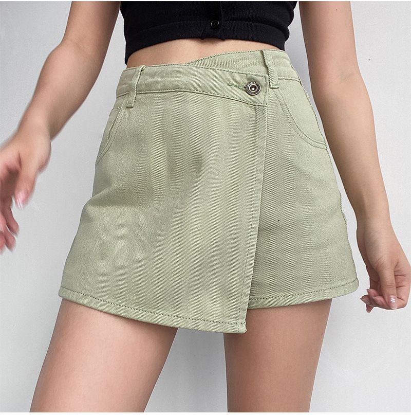 Damkläder Hög midja A-linjeformad denimshorts Sommar Ny stil Ljus färg Tvådelad design Temperament Slim Hot Girl Kjol Byxor_voghion.com