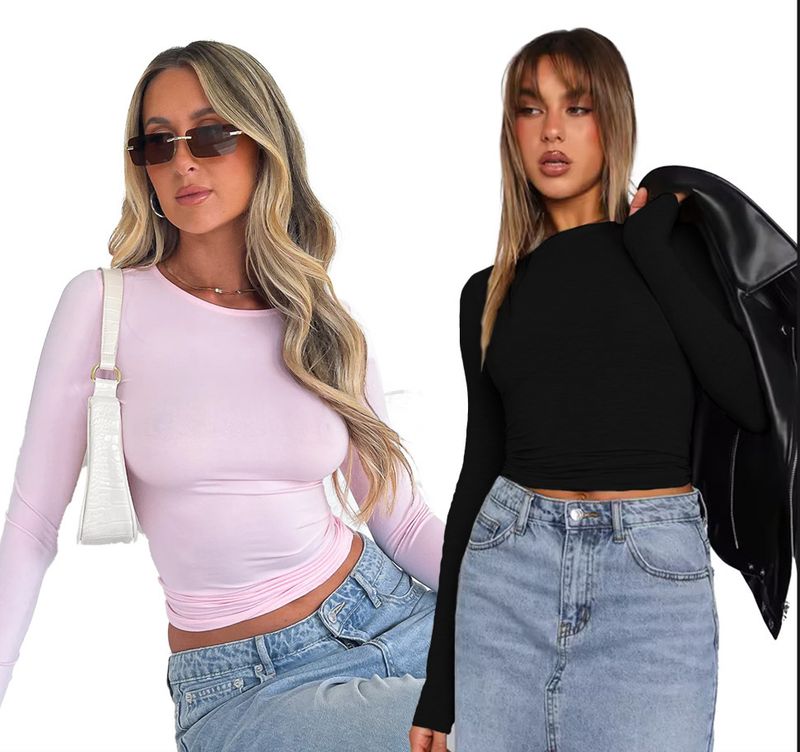 Women's Casual Long Sleeve T-Shirt Set – Slim Fit Round Neck Basic Tee (2-Pack) – Soft Polyester Spandex Blend For Everyday Comfort_voghion.com