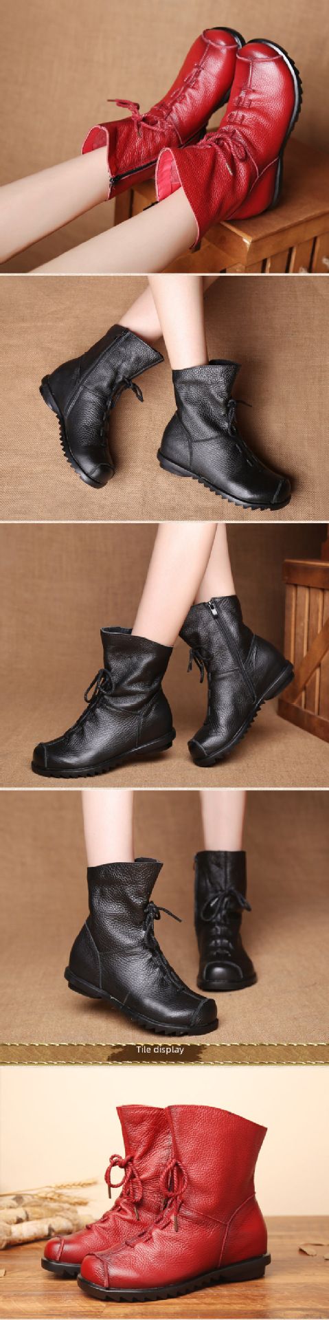 Stivali corti in pelle originali retrò popolari stivali in pelle caldi autunno e inverno Nuovi stivali da donna con tacco basso Stivali Martin da donna in un unico pezzo_voghion.com