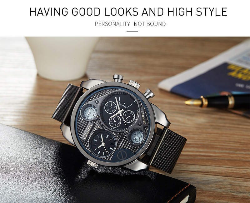 Men's Fashion Watch With Large Dial, GMT Dual Time Function, Stainless Steel Mesh Strap, Quartz Movement, Casual Style Mesh Watch Trendy Brand_voghion.com