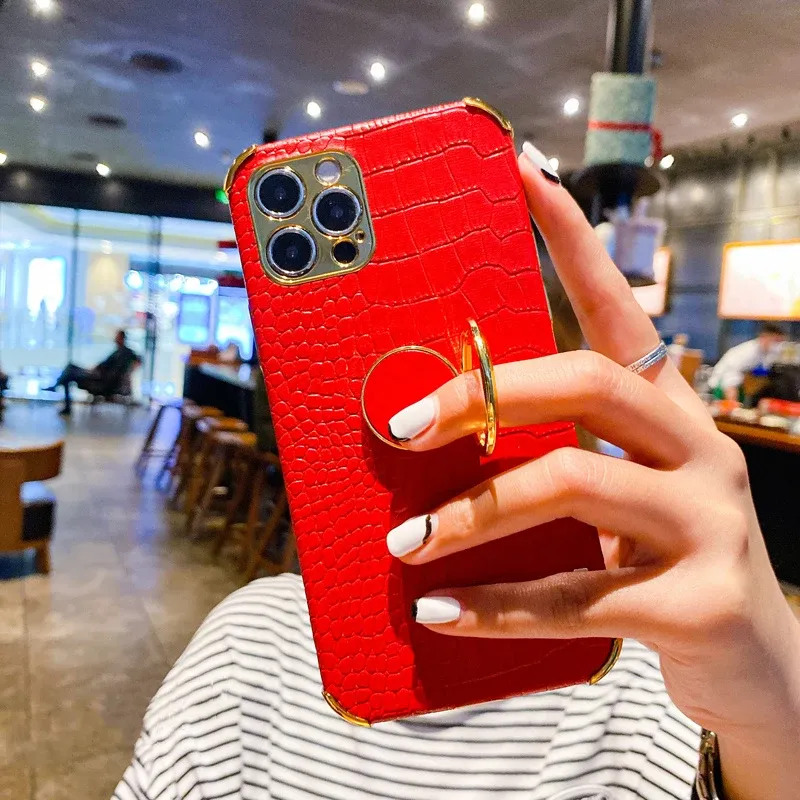 Plating Crocodile Texture Phone Case For IPhone 15 Plus 11 12 13 14 Pro XR X XS Max 8 7Plus 4G 5G Magnetic Finger Ring_voghion.com