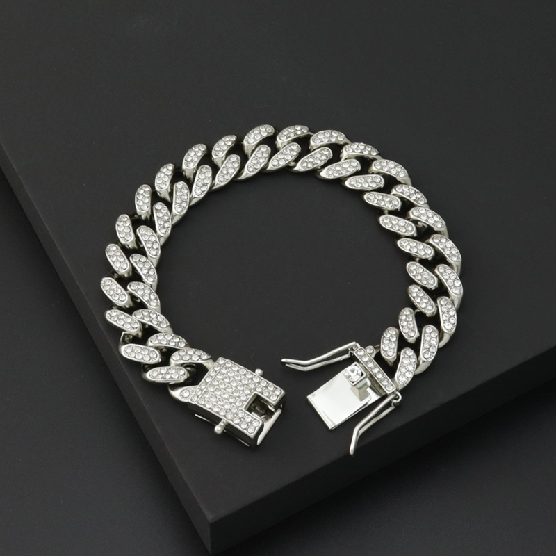 Bracciale cubano con chiusura a farfalla placcato oro e tempestato di diamanti, stile Hip Hop per uomo_voghion.com