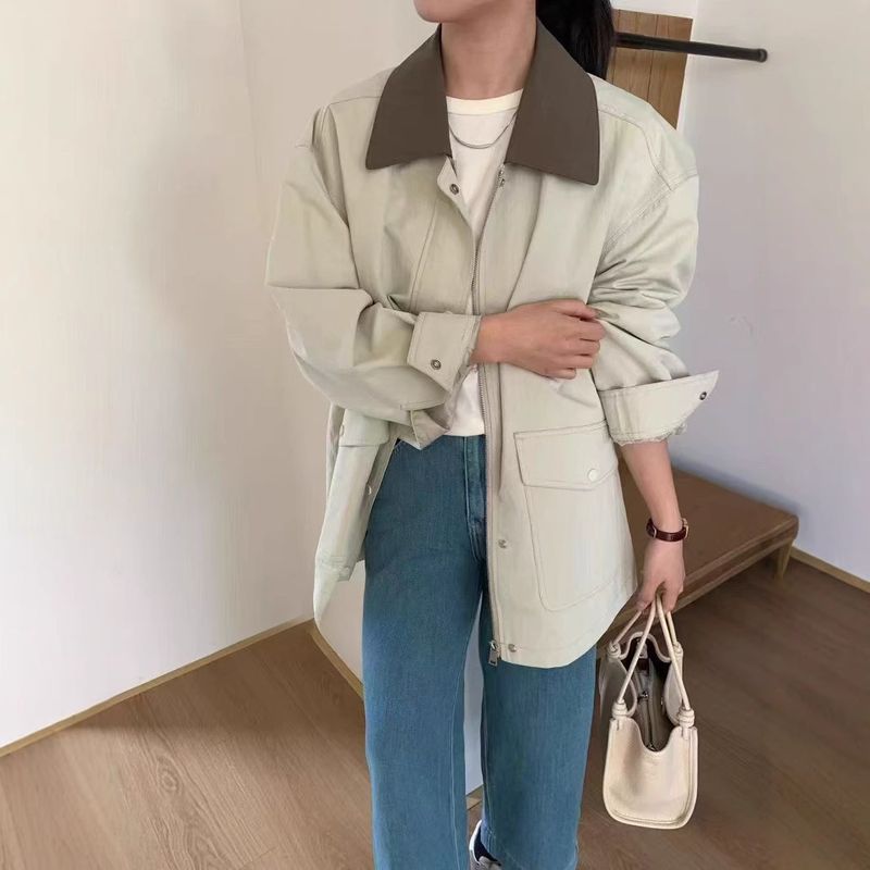 Trench coat da donna in stile coreano, versatile, di media lunghezza, con tasche grandi, color block, con colletto rovesciato, autunno 2025_voghion.com
