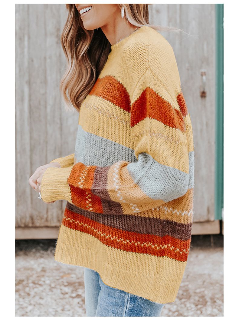 Shiying Herbst und Winter neues Pullover-Oberteil für Damen, lockerer Rundhals-Strickpullover mit Streifen und Kontrastdruck für Damen_voghion.com