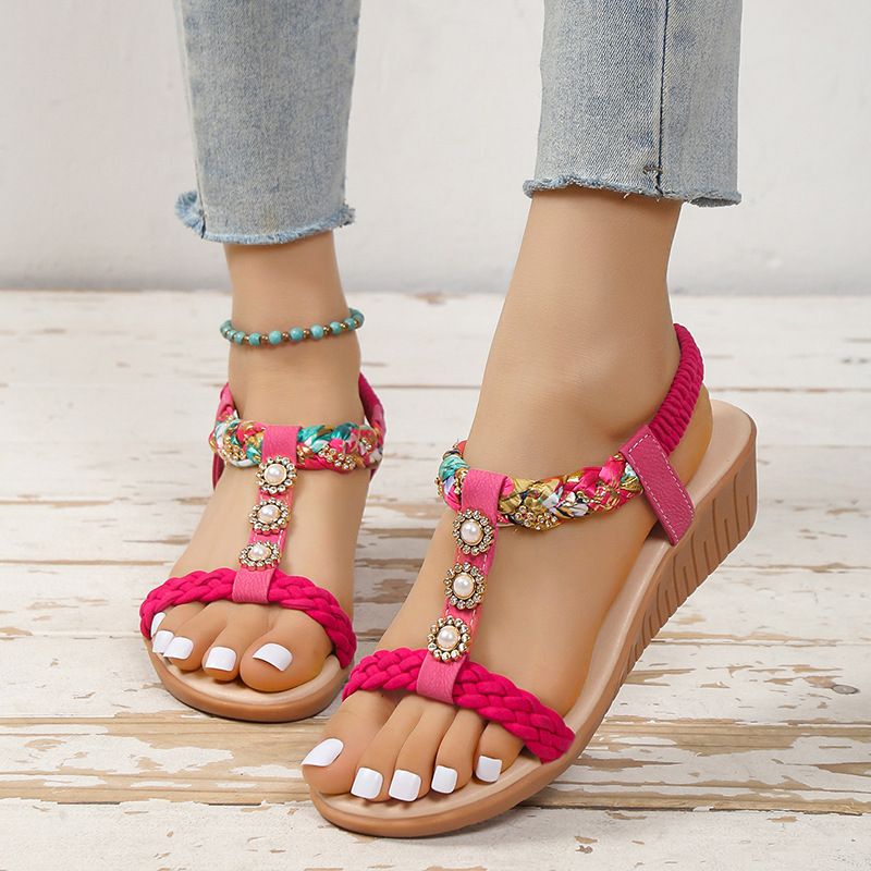 Chaussures pour femmes, mode d'été, bouche de poisson, ensemble pied, talon compensé, mode loisirs, grande taille, sandales bohèmes à strass_voghion.com