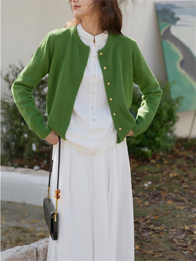 Cardigan lavorato a maglia con scollo rotondo e bottoni dorati, da donna, coreano, delicato, autunno 2024, casual, basico, giacca_voghion.com