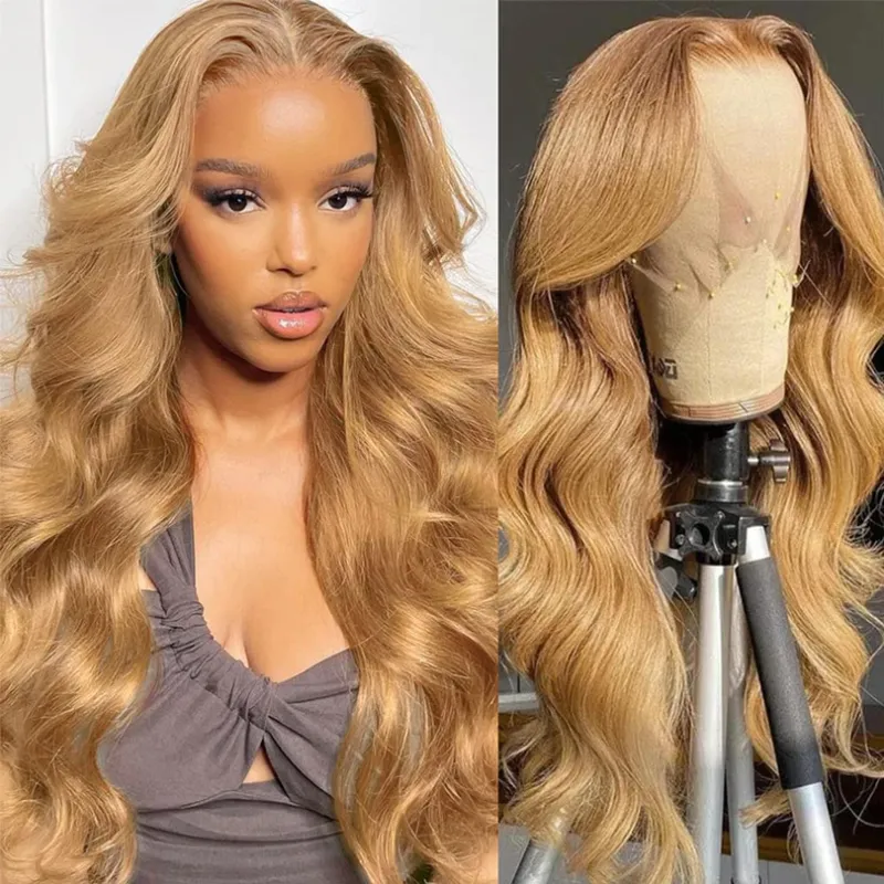 Honingblonde golvende kantpruik van menselijk haar, 24 inch, lijmloze zijden basis, volledige kantpruiken_voghion.com