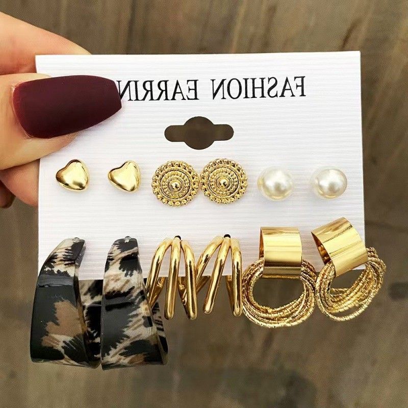 Pearl Twist Earrings Ins Fashion Personality Exaggerated Circle Geometric Hoop Six-Piece Set_voghion.com