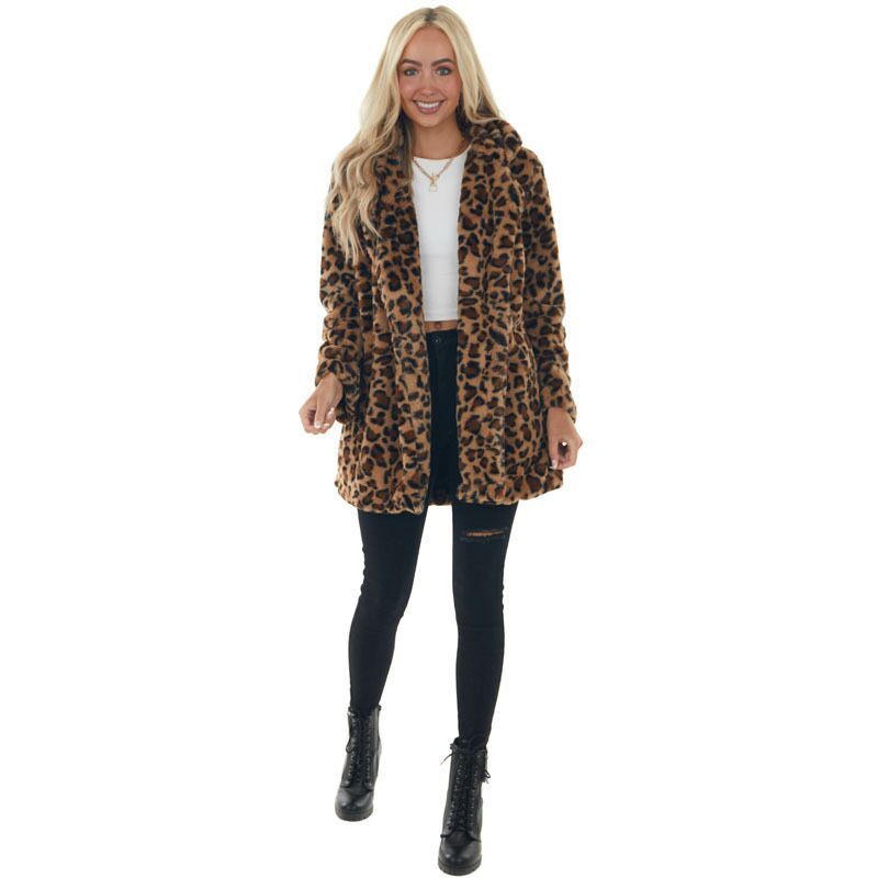 Modischer Kaninchenfellmantel mit Leopardenmuster für Damen – Übergroße, mittellange Jacke mit Taschen, weiche Plüsch-Oberbekleidung für Herbst und Winter_voghion.com