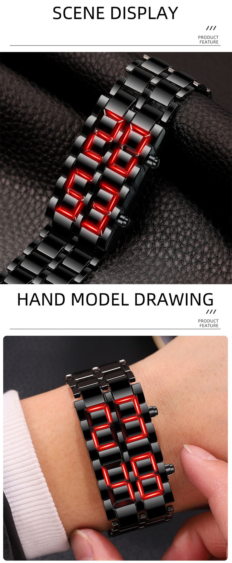 Montre-bracelet numérique à lave pour homme, entièrement en métal, noire, rouge, bleue, affichage LED, cadeau pour homme, garçon, sport, horloge créative_voghion.com
