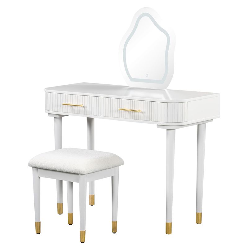 40" Modern Vanity Table Set With Mirror Touch Screen Lighted Mirror, Dressing Table And Cushioned Stool Set With 2 Large Drawers, White_voghion.com