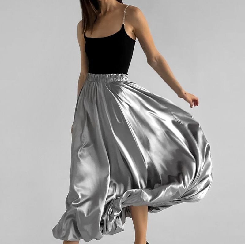 Verve French Style Design Coated Silver Simple Midi 2025 Autumn Winter New Niche Satin Versatile Balloon Skirt For Women_voghion.com