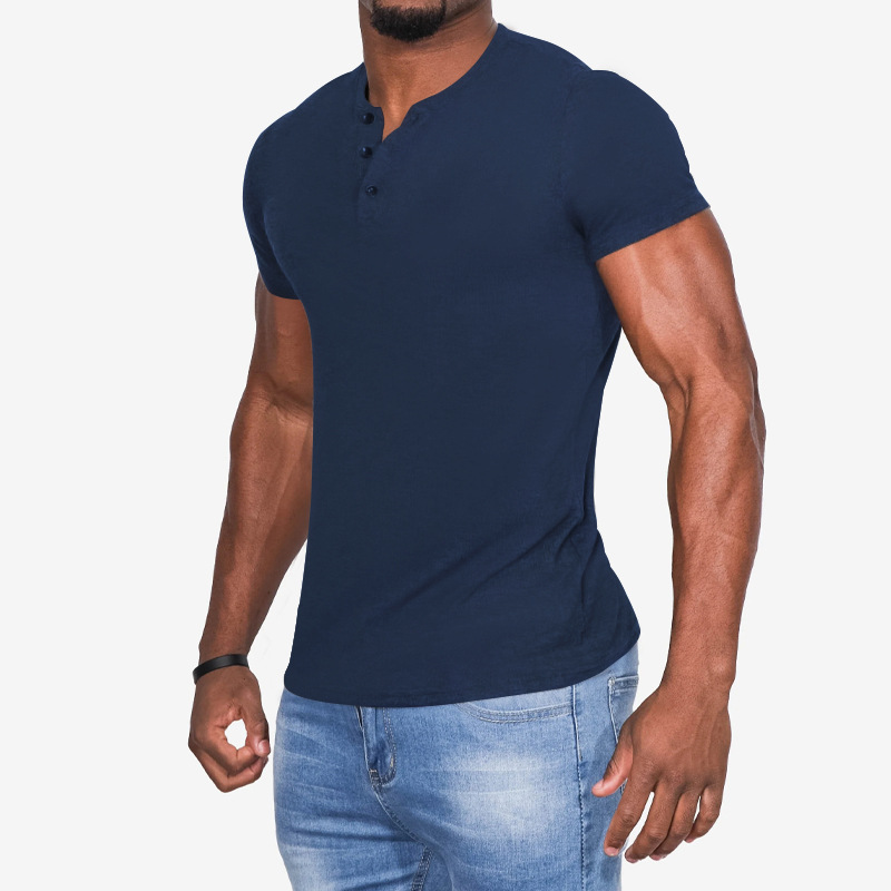 2023 Trendy Herrenmode Europäische Größe 6XL Button Henry Rundhals Kurzarm Slim Fit Einfarbiges T-Shirt_voghion.com