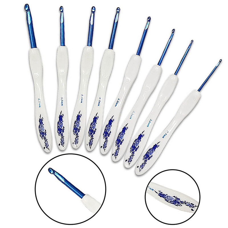 Strickwerkzeug Feine Pullovernadel Kleiner gebogener Griff Blaues und weißes Porzellan Dicke Häkelblisterverpackung_voghion.com