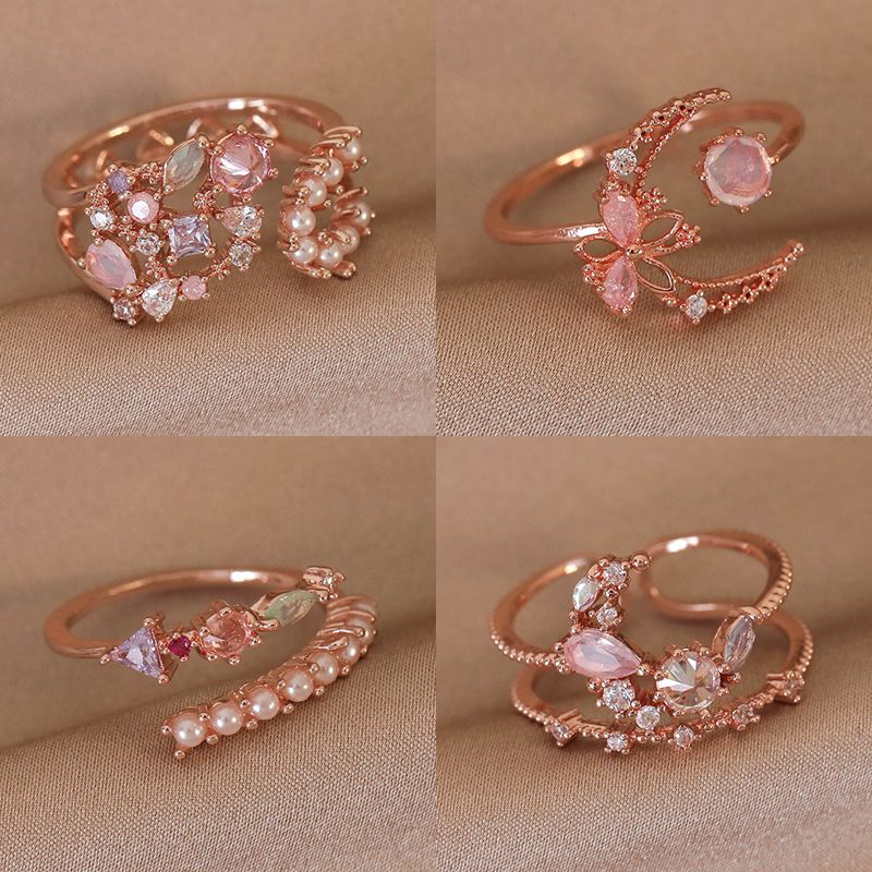 Fashion New Simple All-match Ring Ring Pearl Flower Zircon Irregular Opening Design Adjustable Ring_voghion.com
