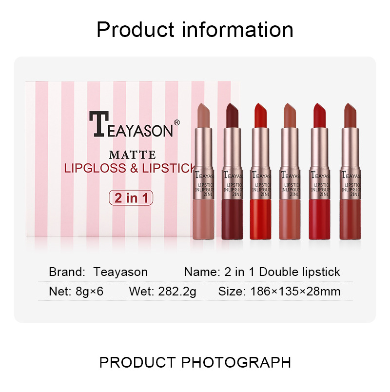6-Piece Dual-Ended Non-Stick Matte Lip Color Set - Two-in-One Lip Gloss & Lipstick In Nude Mauve Shades, Ideal For Women_voghion.com