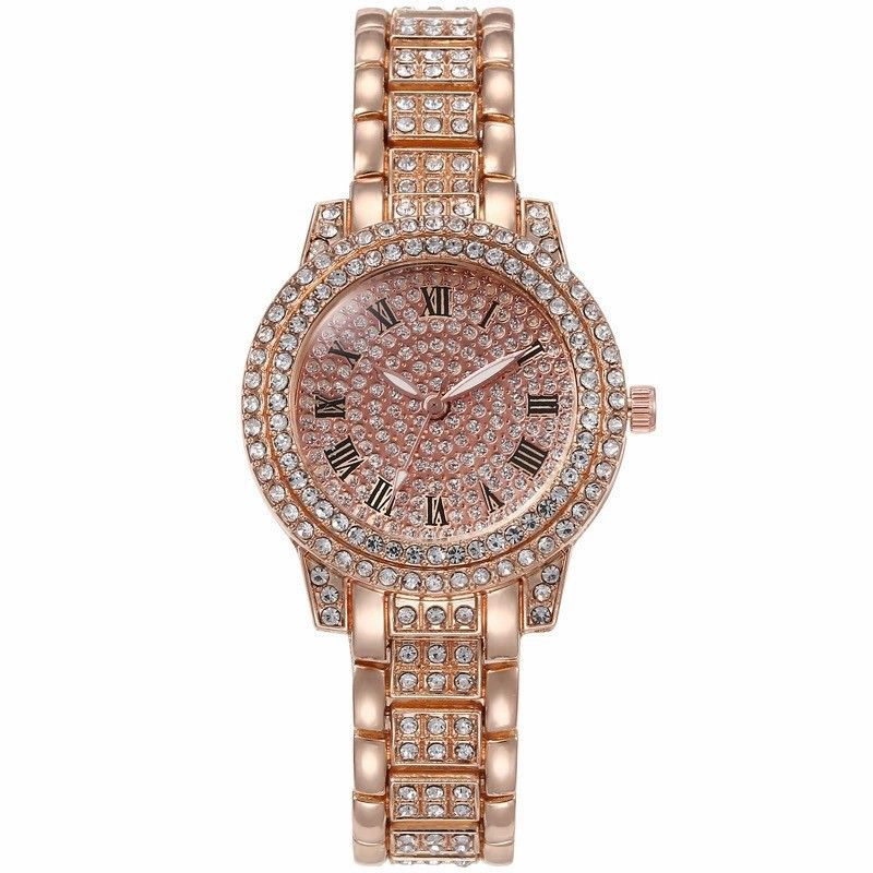 Relógios de quartzo populares da moda feminina, conjunto de relógios com padrão romano, relógio de quartzo Cornucópia, pulseira com diamantes e colar com manchas_voghion.com
