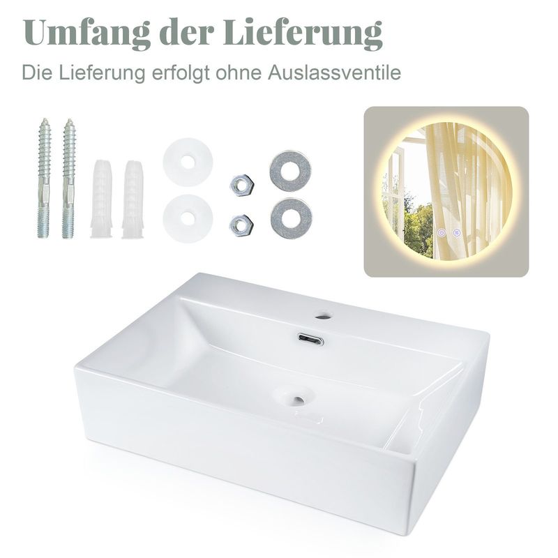 Glitzerlife Waschbecken Badezimmer Keramik - Eckig Aufsatzbecken Bad Klein Waschschale Weiß Mit Hahnloch Wandmontage Aufsatz Mit Überlauf 60x42x15cm Für Gäste-WC_voghion.com
