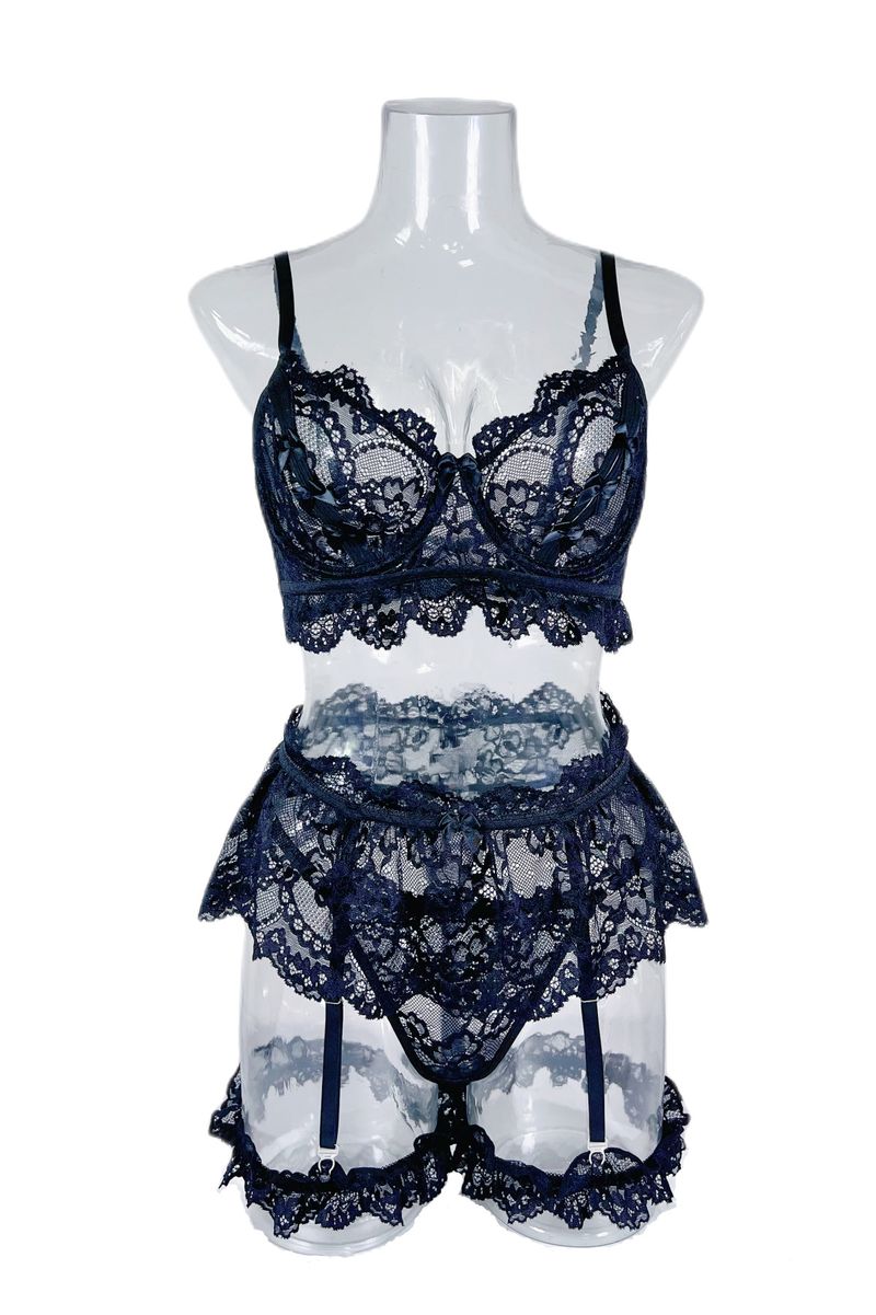 Women's Intimates New Style Gathered Bra Set Lace Sexy See Through Underwear Suspenders Lace Leg Ring_voghion.com