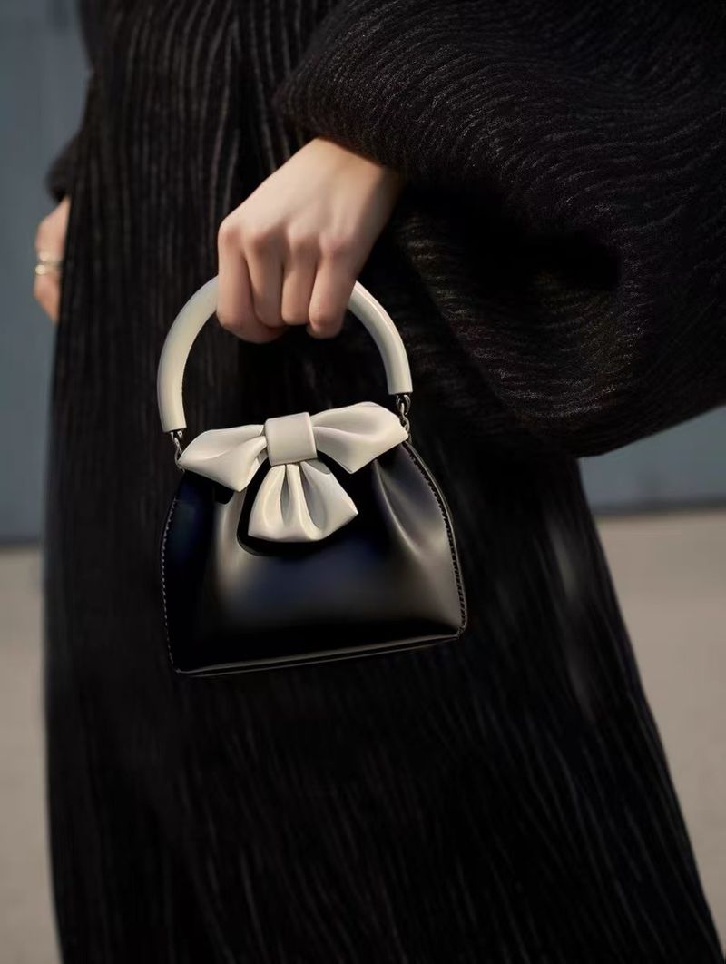 Borsa a mano nera con fiocco, piccola, quadrata, plissettata, casual, quotidiana, da donna, 2025, nuova borsa francese Niche Hundred Color Collision_voghion.com