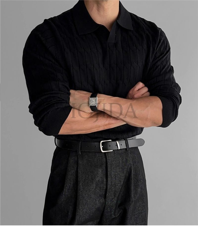 Lässiges Strick-Poloshirt für Herren – Atmungsaktives, locker sitzendes Langarm-T-Shirt für Business und Alltag (mehrere Farben)_voghion.com