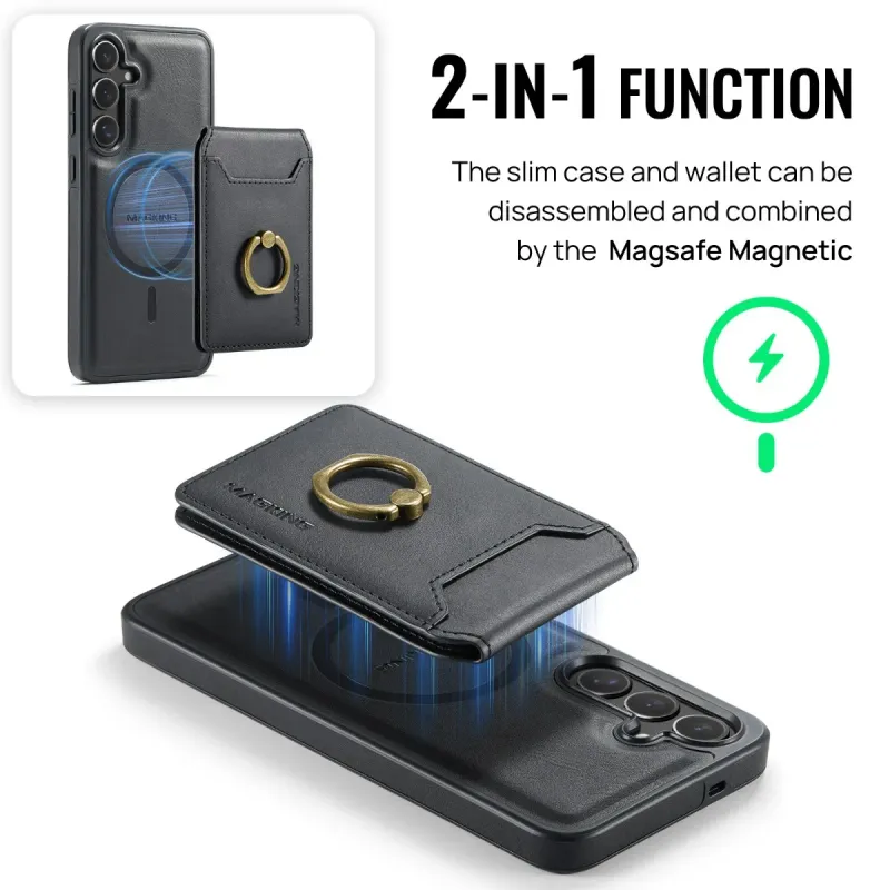 Für Samsung Galaxy S25 S23 Ultra S24 Plus Telefonhülle mit magnetischem abnehmbarem Kartenhalterring Kabellose Ladelederabdeckung_voghion.com