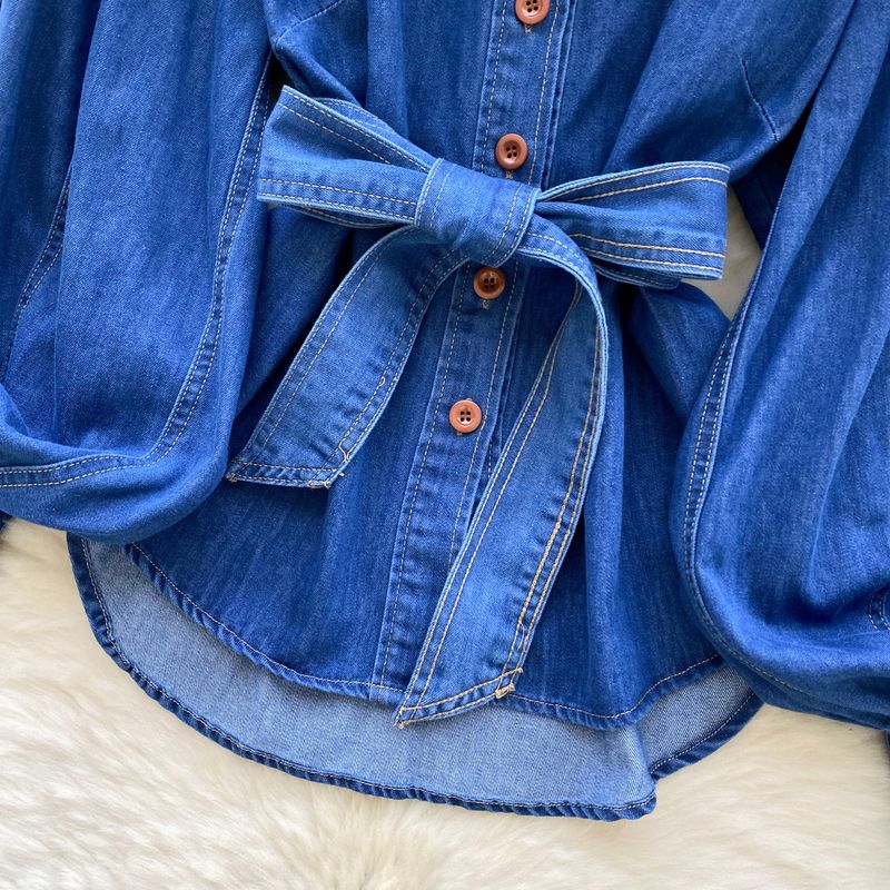Dameskleding Retro Taille Stand Kraag Lantaarn Mouw Lange Mouw High End Sense All Match Slim Denim Shirt_voghion.com