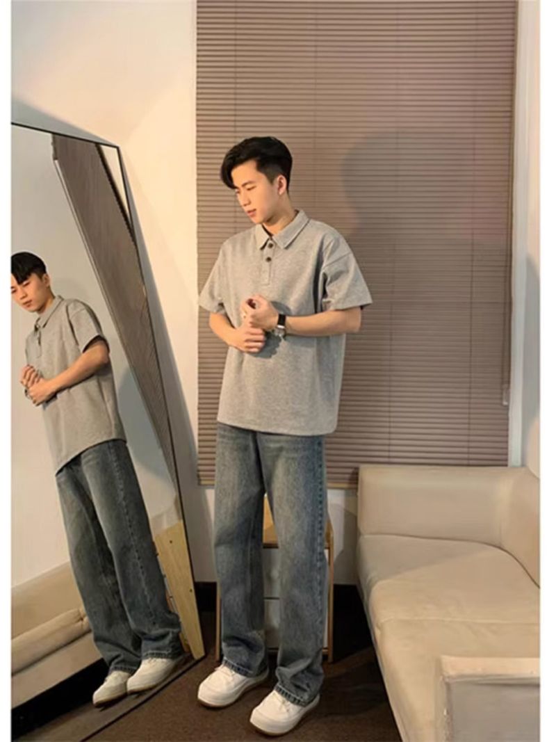 Camisa polo, camiseta com folha de bordo estilosa, estilo leve e maduro, sensação de alta qualidade, vinho masculino, meia-camisa curta americana_voghion.com