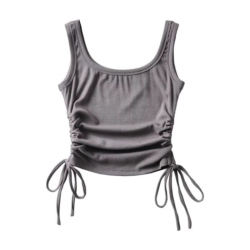 Canotta sexy senza maniche plissettata da donna, corta, elastica, per sport e fitness, con bretelle piccole_voghion.com
