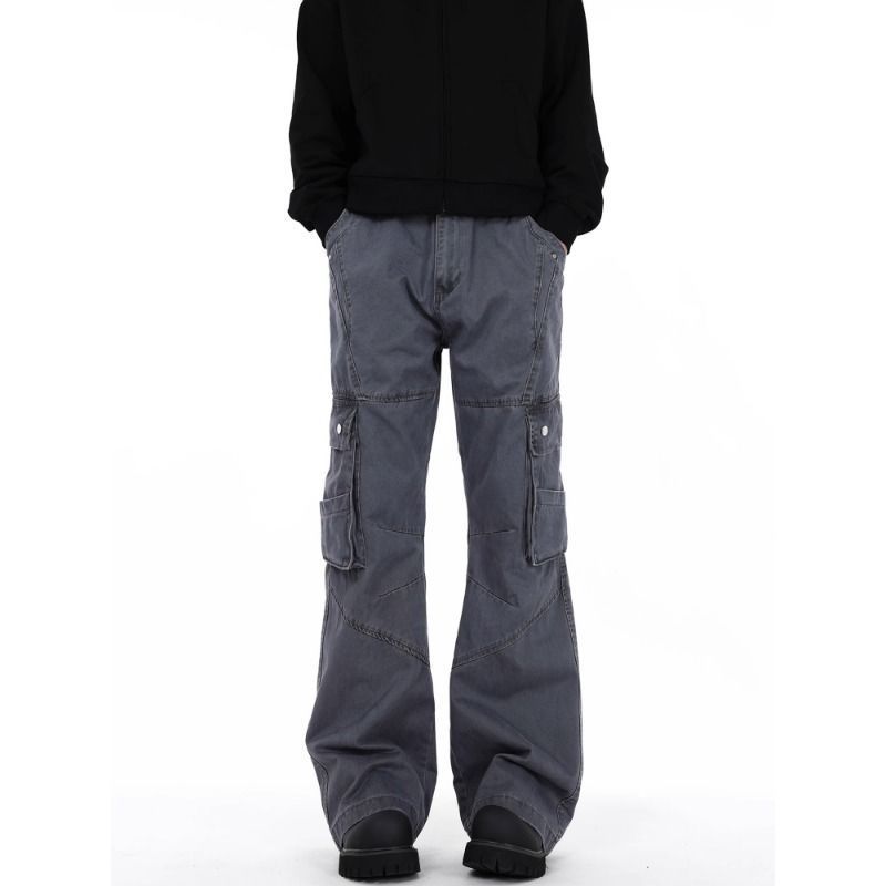 Simple Solid Color Cargo Loose Straight Structure Functional Long Pants American Style Multi-Pocket_voghion.com
