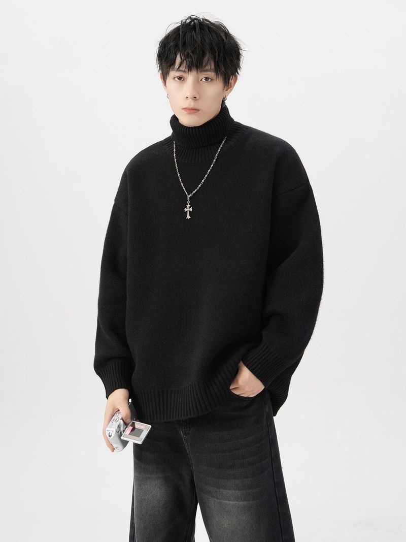 Schwarzer Rollkragenpullover für Herren, gefüttert und dick, lässiger Stil, cool und stylisch – Strickwaren für den Oberbekleidungsbereich_voghion.com