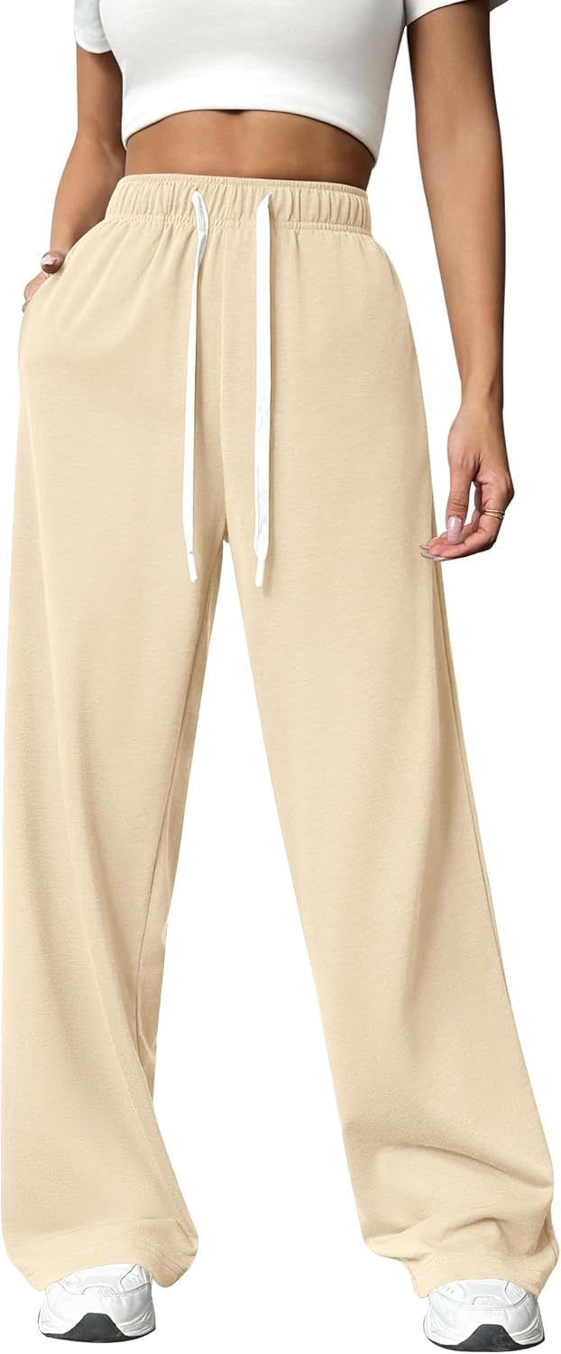 Women's Clothing High Waist Wide Leg Lounge Pants With Drawstring & Pockets - Soft Stretchy Polyester Athletic Casual Trousers For Workout_voghion.com