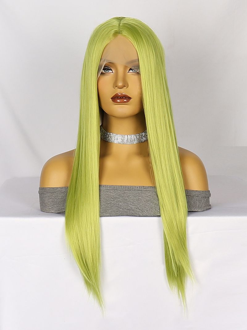 Synthetische Clip-in-Perücken, modische Perücken, vordere Spitze, synthetische Faser, Kopfbedeckung, grün, langes glattes Haar, Hochtemperatur-Drahtfleck_voghion.com