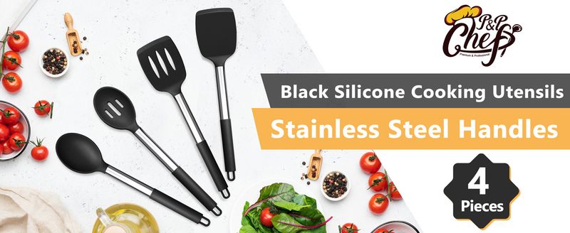 Black Kitchen Cooking Utensils 4-Piece Set, Silicone Solid Spatula Slotted Spoon Shovel For Non-Stick Cookware_voghion.com