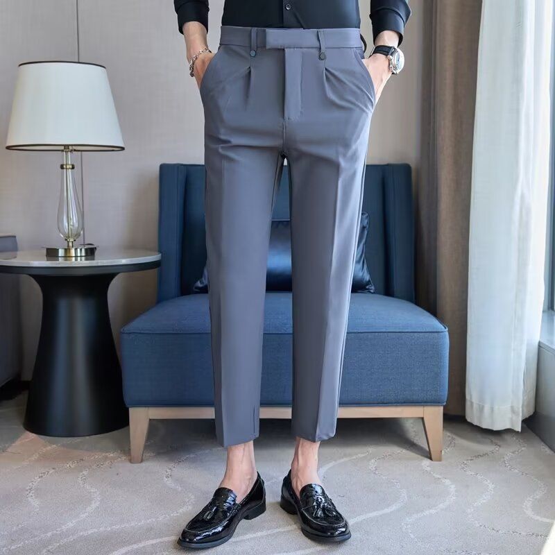 Herbstliche, dünne, verkürzte Anzughose für Herren mit High-End-Feeling, Slim Fit, kleine Füße, britische Freizeitanzughose, bügelfreie Businesshose_voghion.com