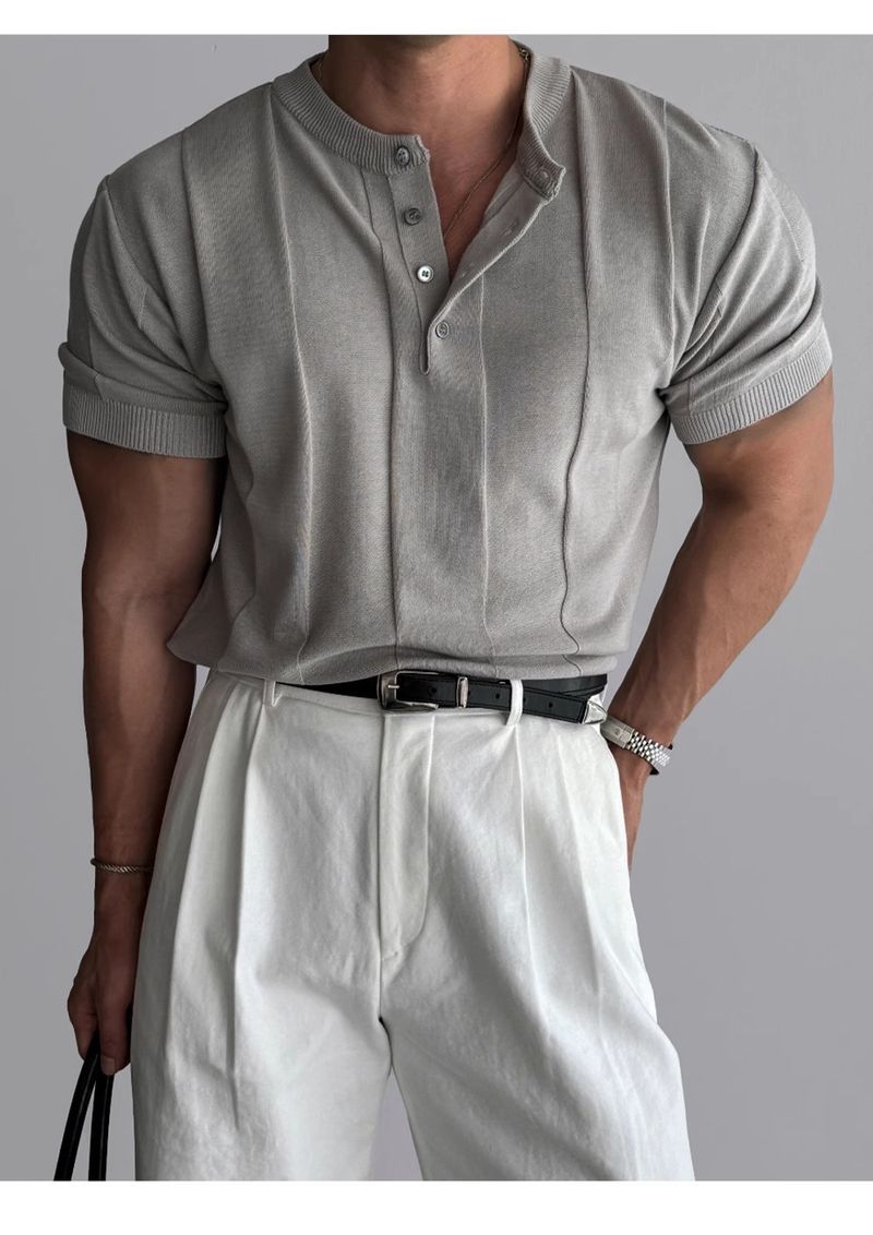 Henry Collar Slim Fit Knitted Short Sleeved T Shirt For Men 2025 Summer New Style Light Mature Style Business Commuting All Match T Shirt_voghion.com