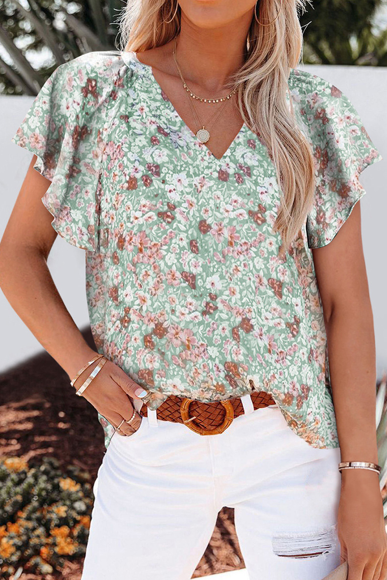Women's clothing floral print V-neck pullover chiffon shirt_voghion.com