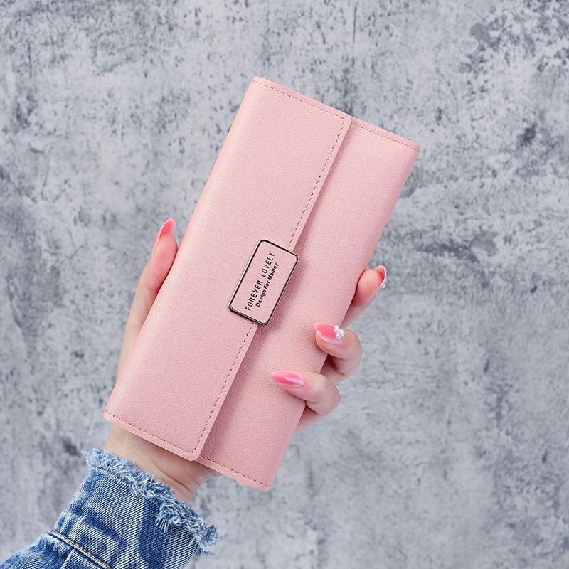 Cartera de mujer estilo coreano con tres pliegues, larga, a cuadros, con broche, con múltiples ranuras para tarjetas, de piel sintética, tarjetero_voghion.com