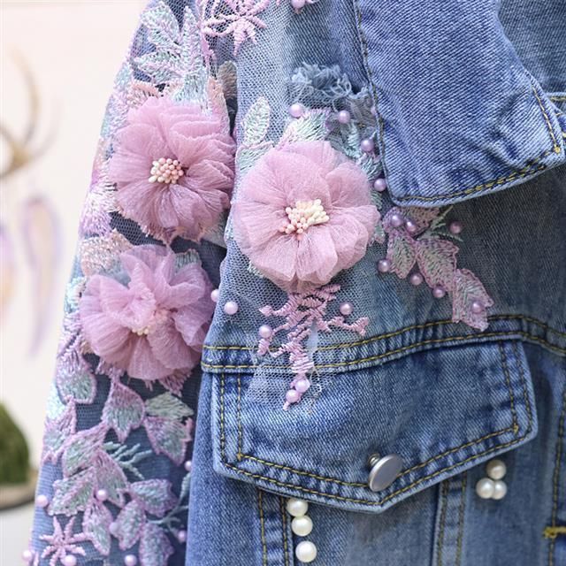 Giacca corta in denim da donna, ampia, primavera e autunno, nuova, con ricami pesanti e fiori tridimensionali._voghion.com