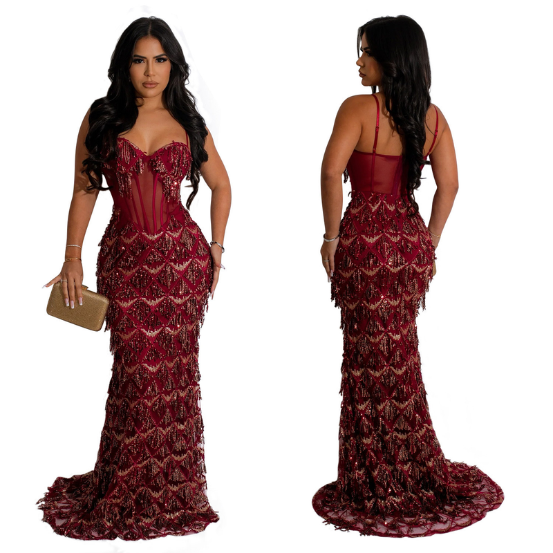 Women's Solid Color Sequin Sexy Suspender Long Skirt Dress_voghion.com