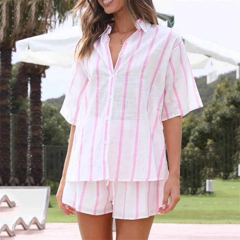Vêtements pour femmes printemps et été nouvelle plage chemise à manches courtes dames loisirs deux pièces mode rayé short costume_voghion.com