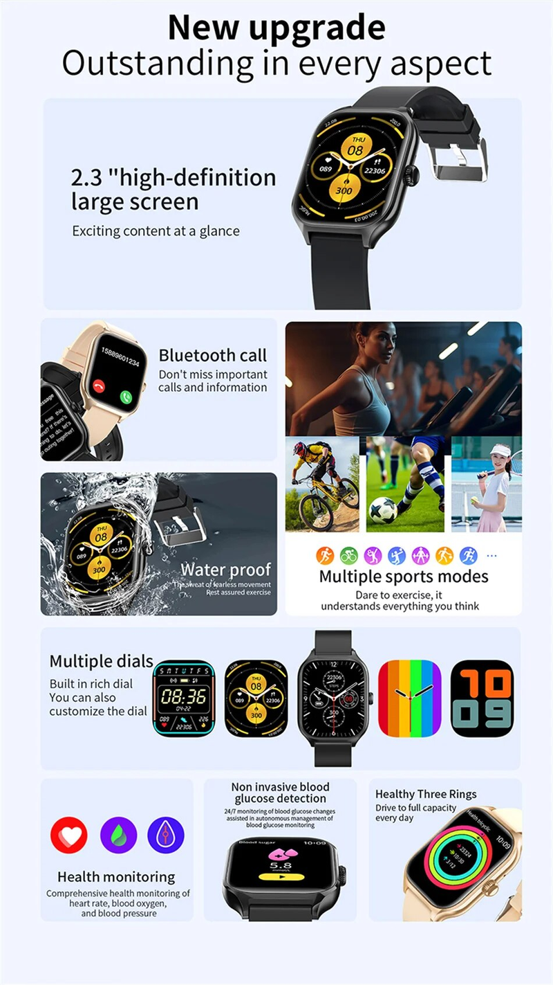 2023 EKG + PPG Smart Uhr Männer Frauen Herzfrequenz Sauerstoff Sport Fiess Tracker 2,01 zoll Bluetooth Anruf Blut Zucker smartwatch_voghion.com