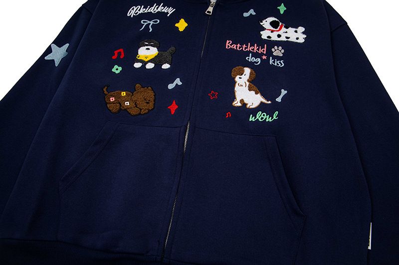 American Puppy Embroidery Patchwork Hooded Sweatshirt Cardigan For Men And Women 2025 Autumn Lazy Style Zipper Jacket_voghion.com
