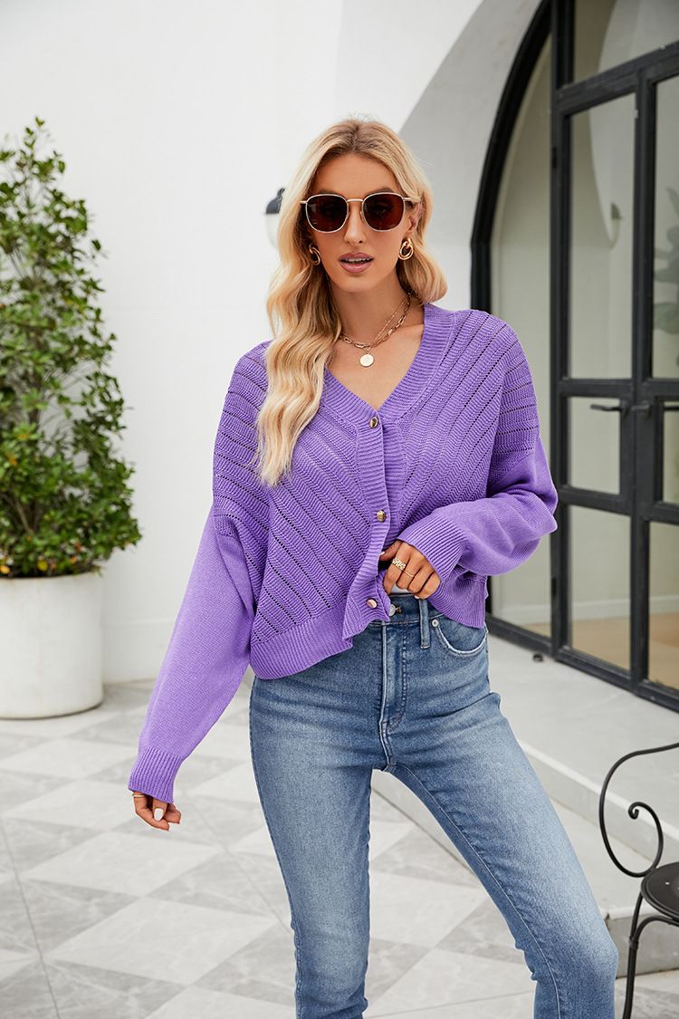 Hohlstrick-Cardigan, temperamentvoller Pullover-Cardigan mit V-Ausschnitt, lockere, einfarbige, langärmlige Strick-Oberbekleidung_voghion.com