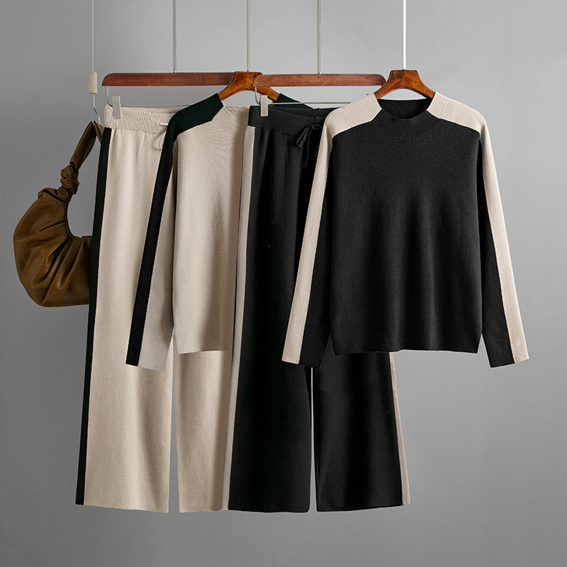 Half Turtleneck Sweater 2025 Autumn Winter Women's Color-Block Patchwork Nine-Point Pants Fashion Two-Piece Set_voghion.com