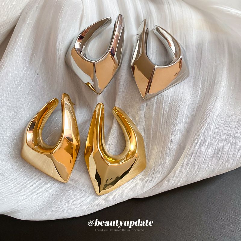 Orecchini a bottone geometrici irregolari esagerati in argento placcato oro vero, leggeri, di lusso e di alta qualità._voghion.com