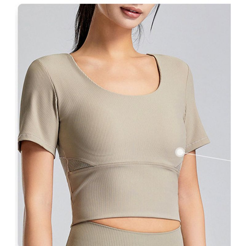 Haut de yoga avec coussinets de poitrine pour femme, ensemble de t-shirts de fitness pour l'été, Pilates, sport haut de gamme, manches courtes_voghion.com